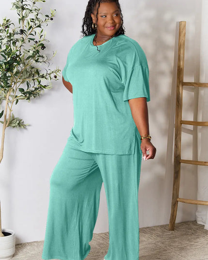 Double Take Full Size Round Neck Slit Top and Pants Set
