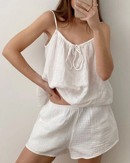 Tie Front Cami and Shorts Lounge Set White