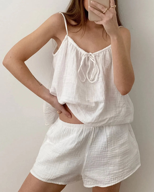 Tie Front Cami and Shorts Lounge Set White