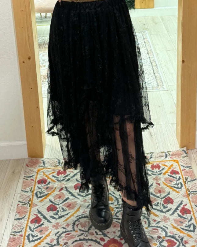 Elastic Waist Asymmetrical Lace Skirt