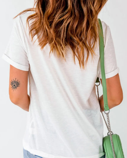 Sequin Checkered Heart Round Neck Short Sleeve T-Shirt