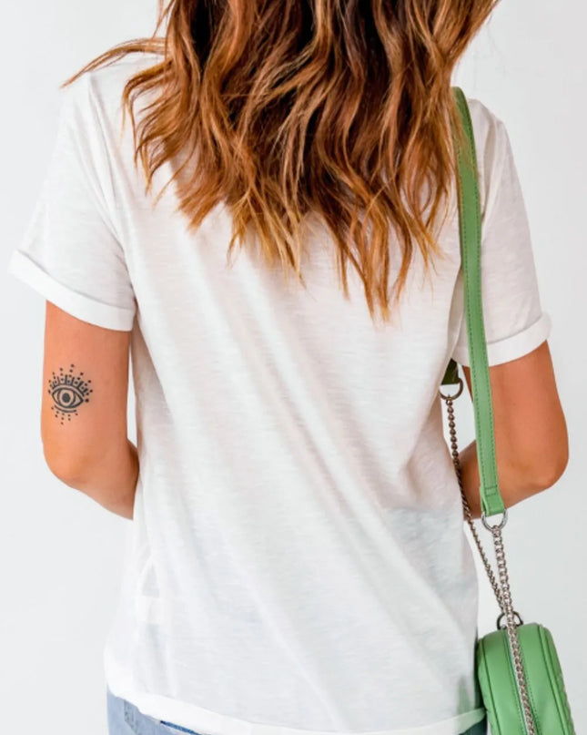 Sequin Checkered Heart Round Neck Short Sleeve T-Shirt