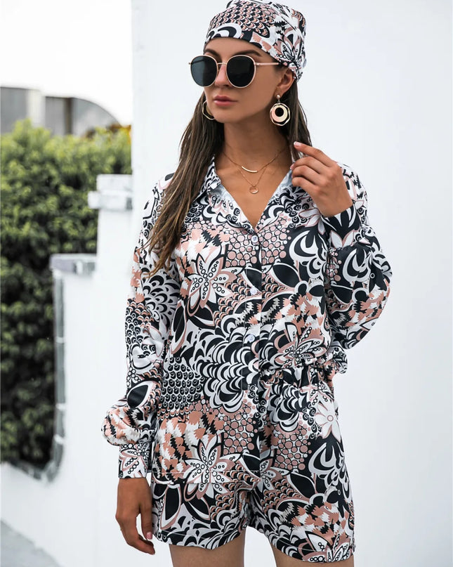 Printed Button Up Long Sleeve Shirt and Shorts Set
