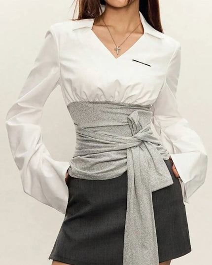 Long Sleeve Tie Front Blouse 