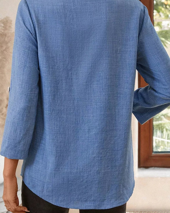 Casual Roll-Up Sleeve Notched Blouse
