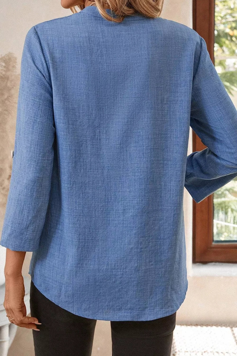 Casual Roll-Up Sleeve Notched Blouse
