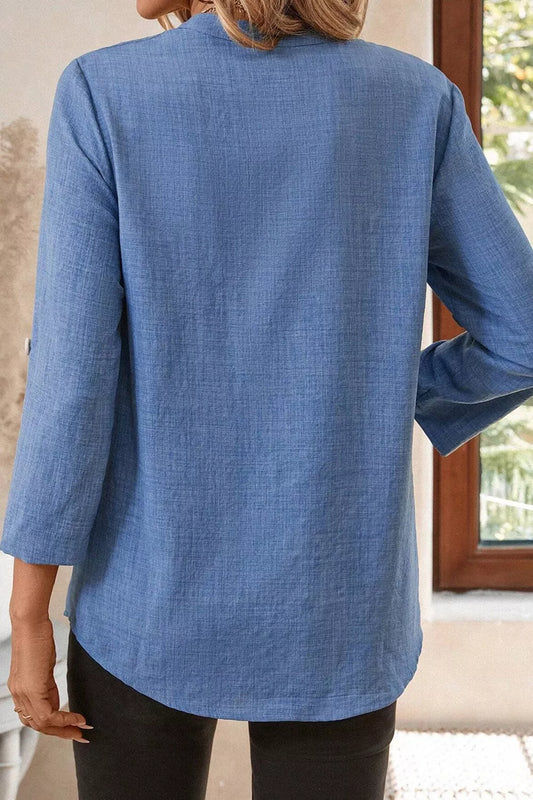 Casual Roll-Up Sleeve Notched Blouse