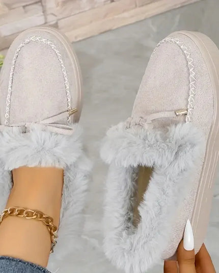 Bow Furry Round Toe Flat Slip-Ons Gray