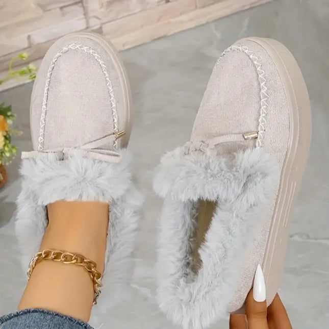 Bow Furry Round Toe Flat Slip-Ons Gray