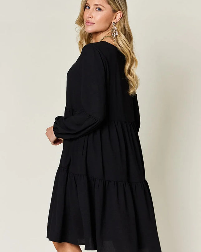 Double Take Full Size V-Neck Balloon Sleeve Tiered Dress with Pockets
