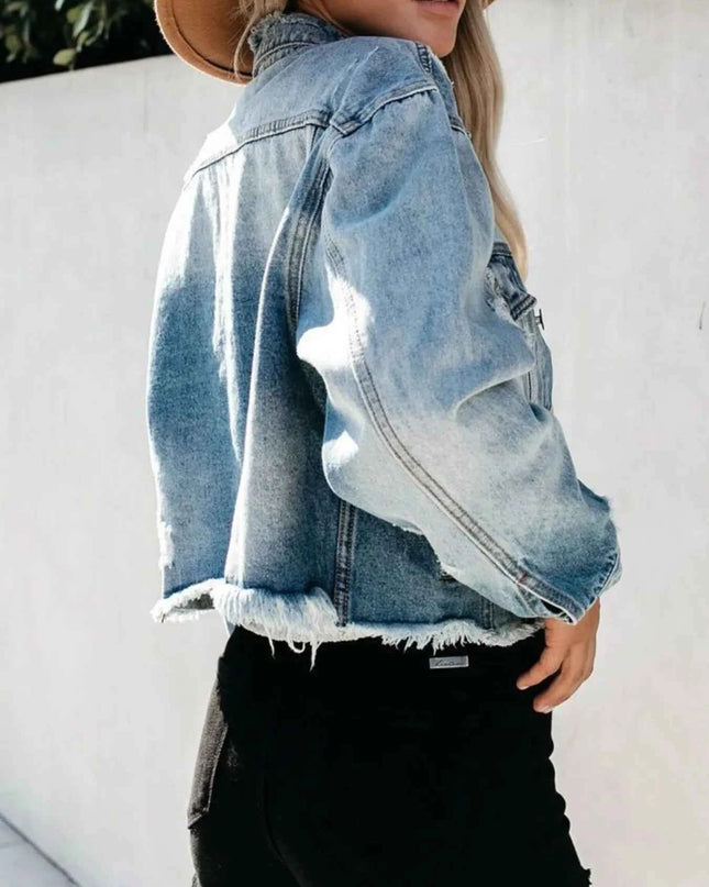 Distressed Raw Hem Denim Jacket