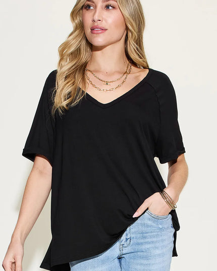 Basic Bae Full Size Bamboo Slit V-Neck Short Sleeve T-Shirt Black