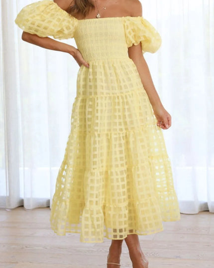 Off Shoulder Short Puff Sleeve Midi Dress