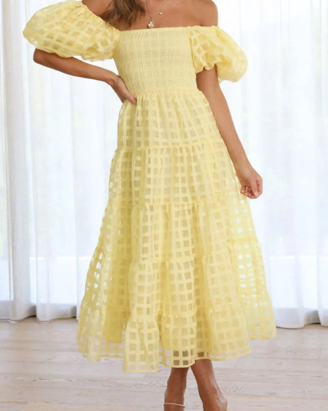 Off Shoulder Short Puff Sleeve Midi Dress