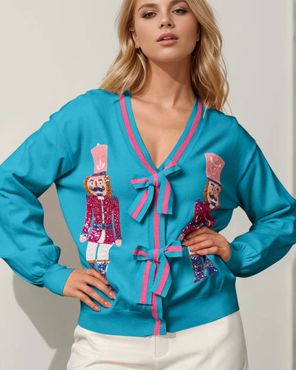 Double Take Full Size Nutcracker Sequin Bow Decor Cardigan Cerulean