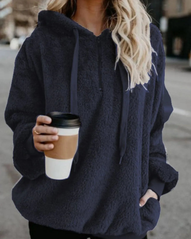 Full Size Quarter-Zip Drawstring Teddy Hoodie Dark Blue