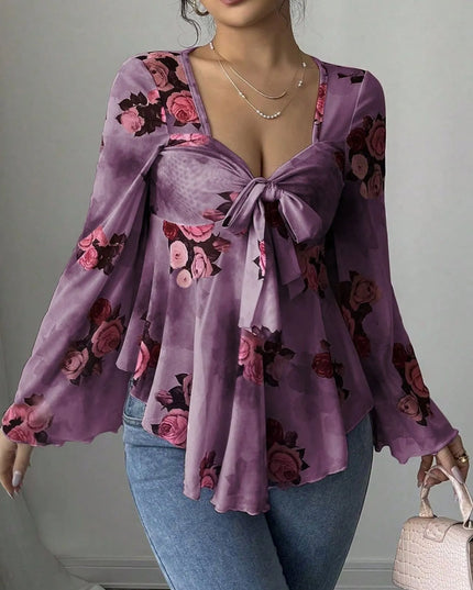 Floral Tie Front Flare Sleeve Blouse