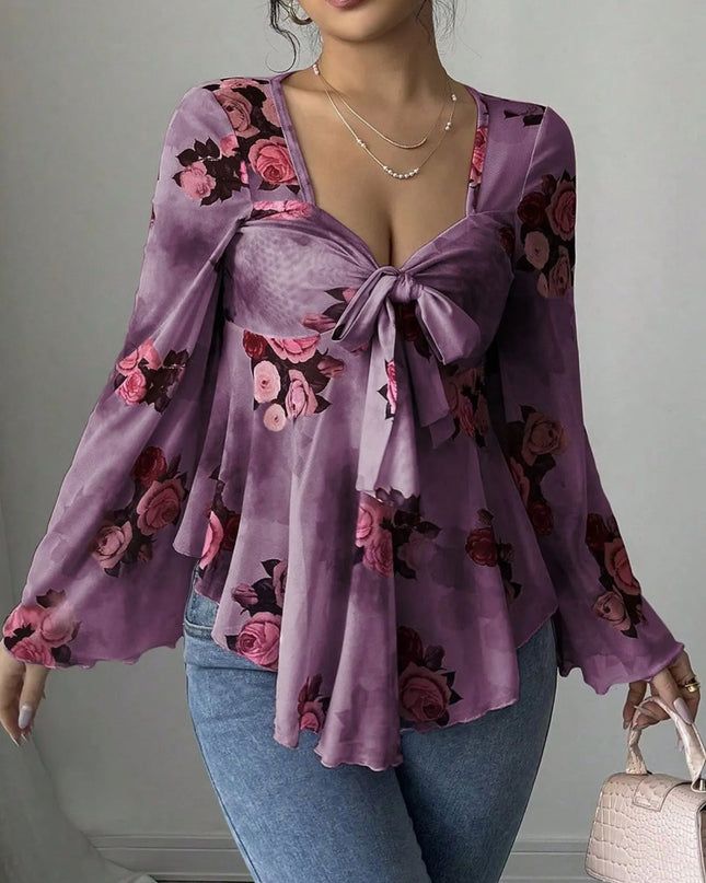 Floral Tie Front Flare Sleeve Blouse