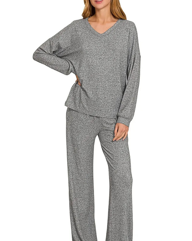 Zenana Soft Melange Long Sleeve Tee & Pants Set BLACK