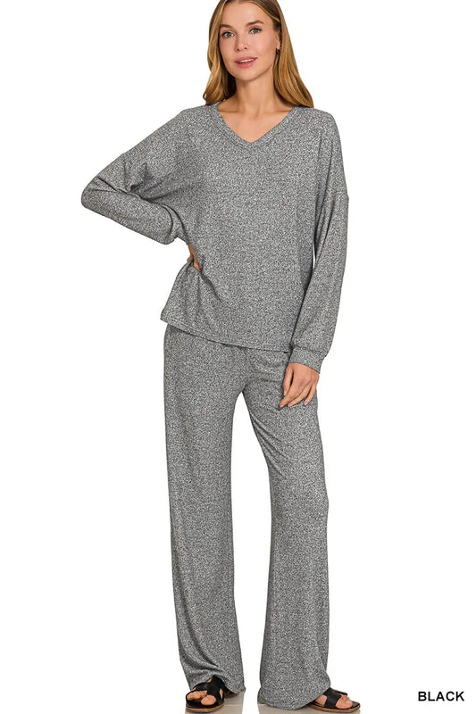 Zenana Soft Melange Long Sleeve Tee & Pants Set BLACK