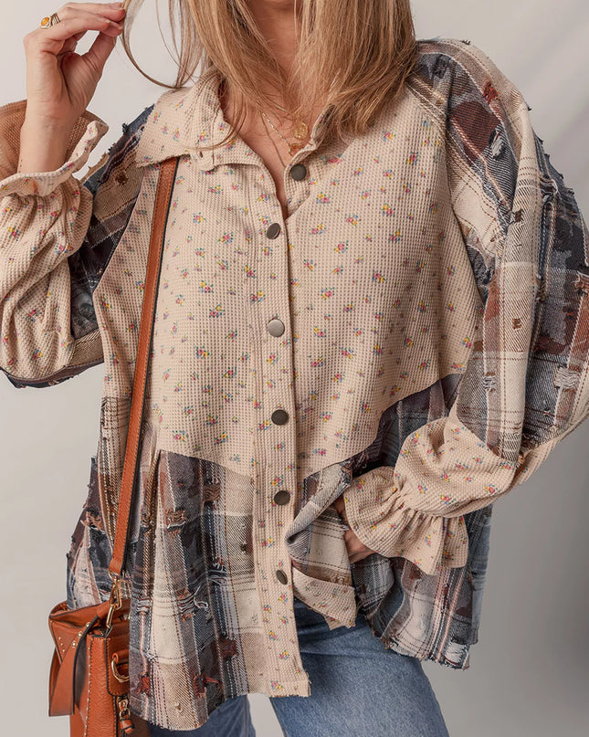 Boho Floral Plaid Patchwork Distressed Detail Ruffled Sleeve Waffle Knit Shacket