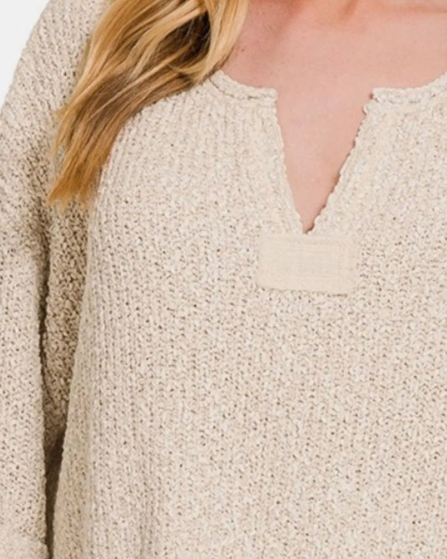 Zenana Notched Side Slit Patch Sweater