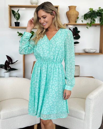 Double Take Full Size Printed Ruched V-Neck Long Sleeve Dress