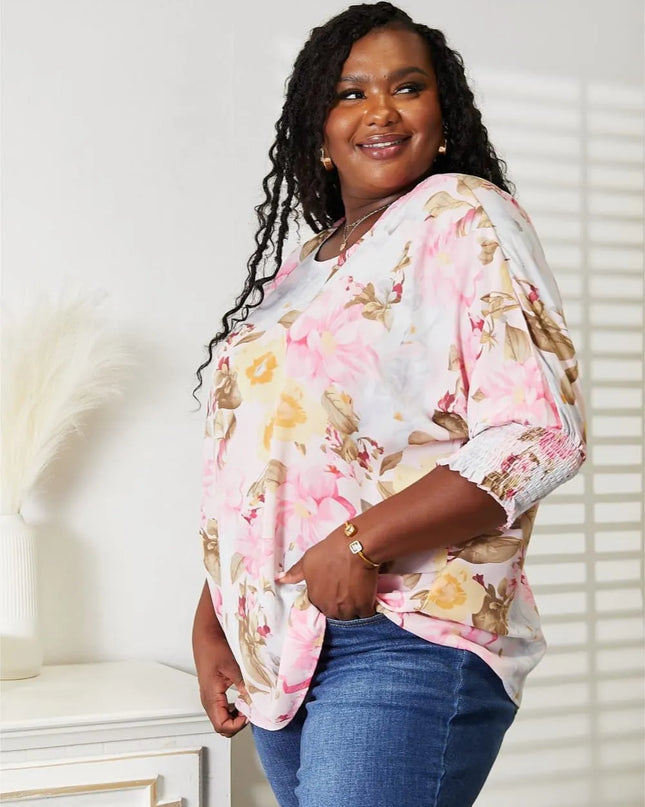 Double Take Floral Round Neck Three-Quarter Sleeve Top