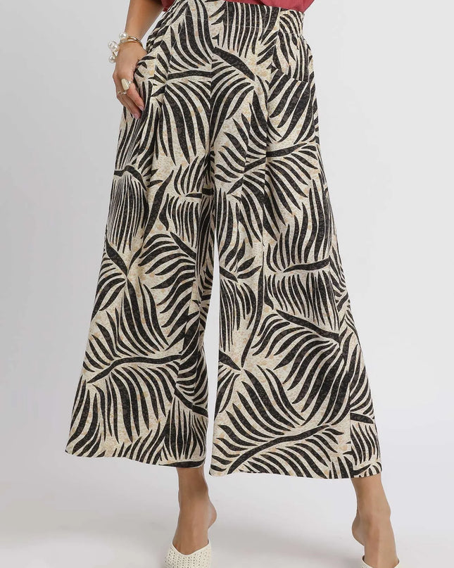 Umgee Palm Leaf Print Wide Leg Culotte Pants Black