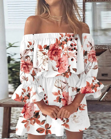 Full Size Floral Off-Shoulder Flounce Sleeve Mini Dress Plus Size 
