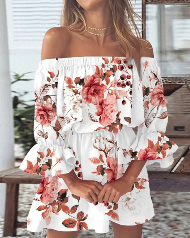 Full Size Floral Off-Shoulder Flounce Sleeve Mini Dress Plus Size 