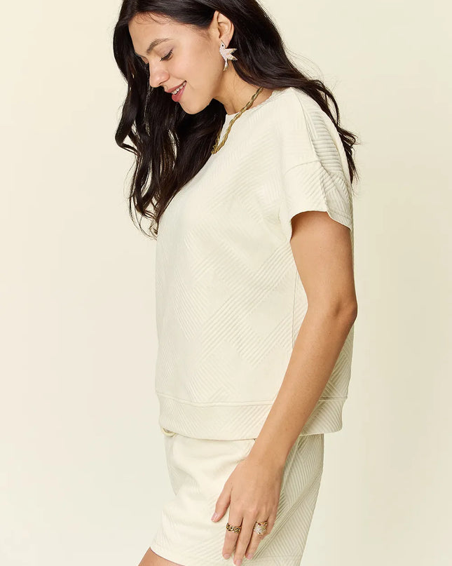 Double Take Full Size Texture Short Sleeve T-Shirt and Drawstring Shorts Set 