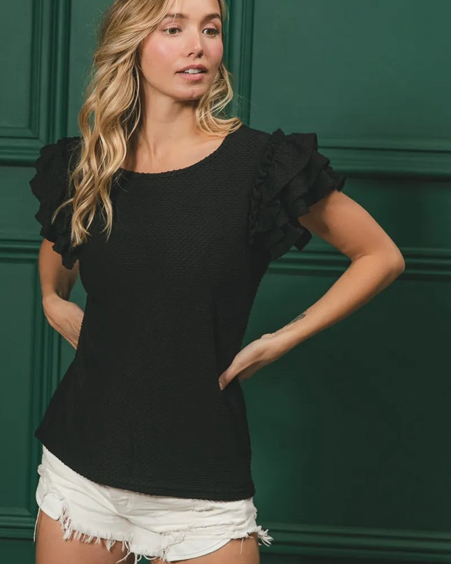 BiBi Birdseye Texture Layered Ruffle Top