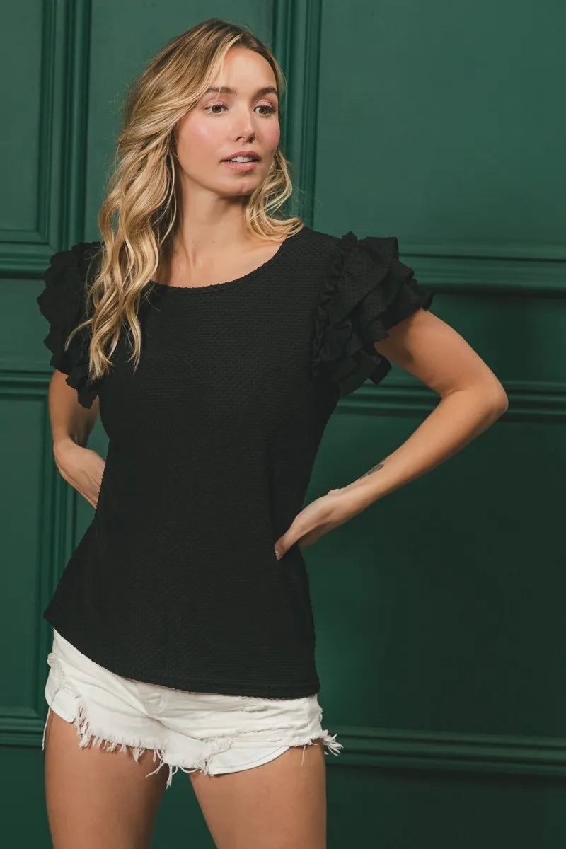 BiBi Birdseye Texture Layered Ruffle Top