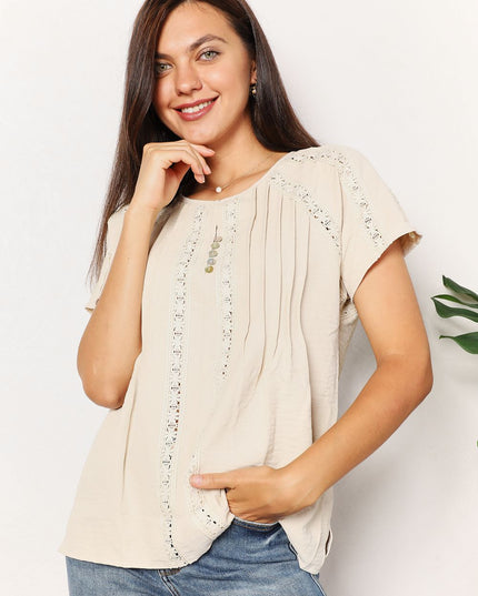 Double Take Crochet Buttoned Short Sleeves Top