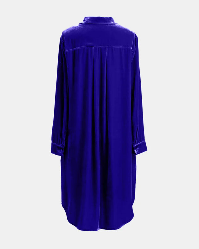 High-Low Button Up Long Sleeve Knee Length Dress