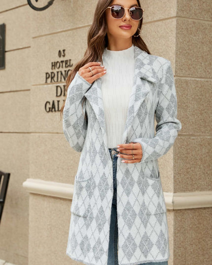 Printed Open Front Lapel Collar Cardigan with Pockets White Gray