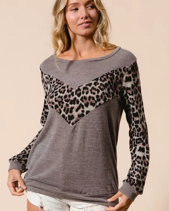BiBi Sweater Knit Top With Leopard V Shape Block
