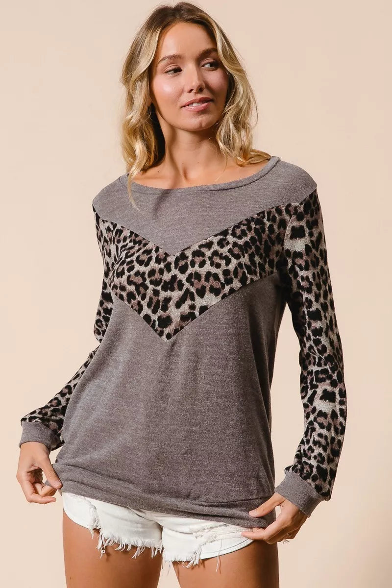 BiBi Sweater Knit Top With Leopard V Shape Block