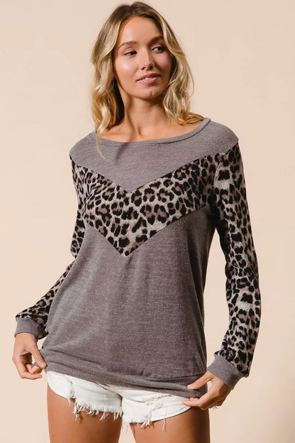 BiBi Sweater Knit Top With Leopard V Shape Block