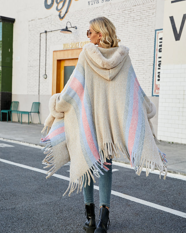Color Block Fringe Detail Poncho