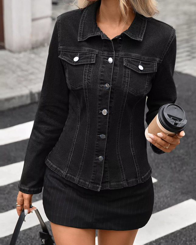 Button Up Long Sleeve Denim Jacket Black