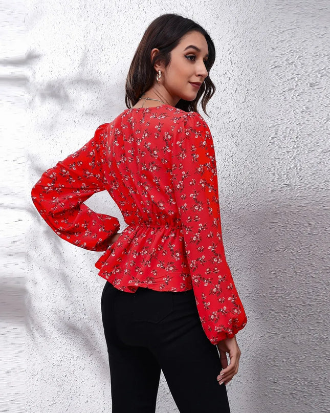 Floral V-Neck Balloon Sleeve Peplum Blouse
