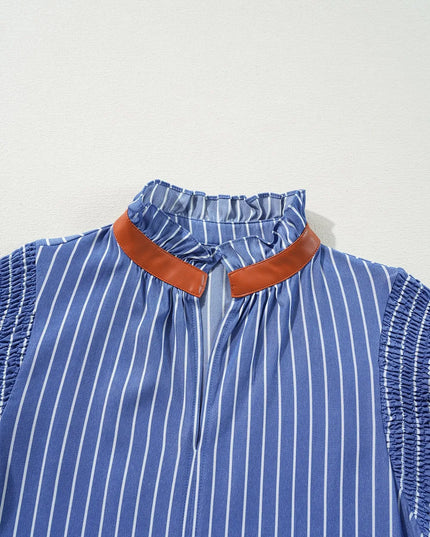 Stripe Frilly Split Neck Shirred Ruffle Sleeve Short Shift Dress