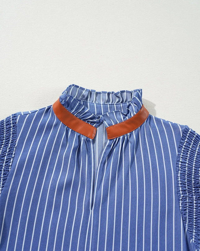 Stripe Frilly Split Neck Shirred Ruffle Sleeve Short Shift Dress