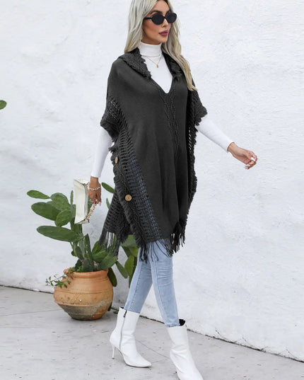 Fringe Trim Buttoned Hooded Poncho