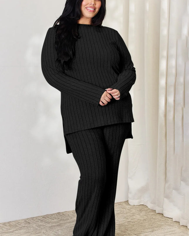 Basic Bae Full Size Ribbed High-Low Top and Wide Leg Pants Set
