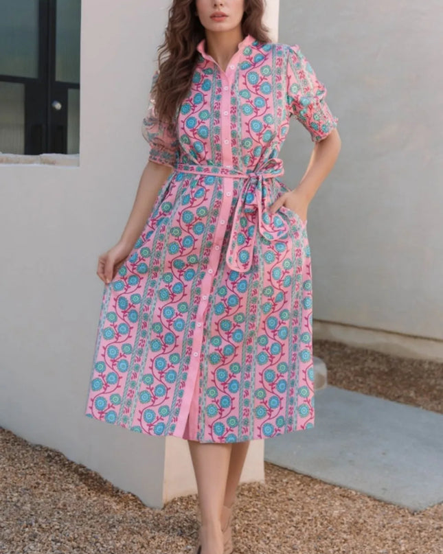 Printed Shirred Sleeve Buttoned Front Midi Dress with Sash Moonlit Mauve