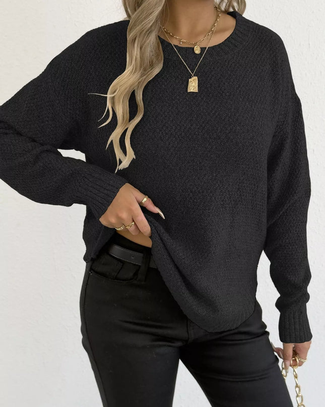 Textured Knit Relaxed Fit Round Neck Sweater
