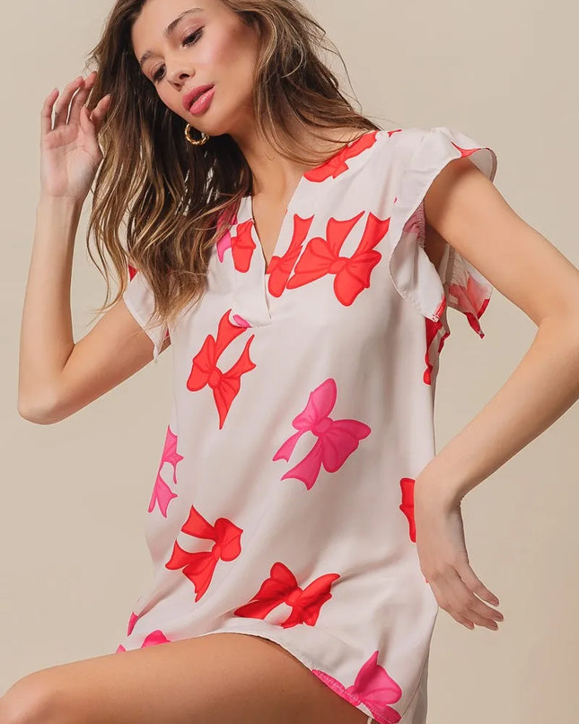 BiBi Bow Printed Woven Ruffled Sleeves V Neck Top